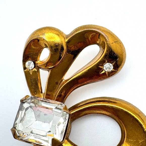 Gold-Tone Bow Brooch Vintage Clear Rhinestones & Large Center Stone - Picture 4 of 5